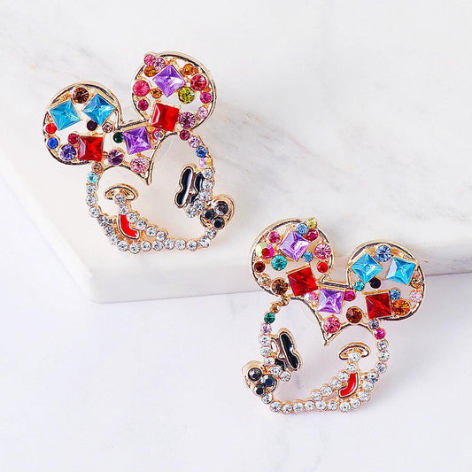 Mickey Mouse Hollowed Out Coloured Black Stone Stud Earrings