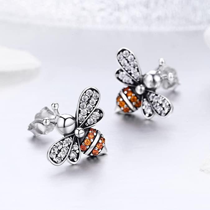 925 Sterling Silver Bee White Orange Stone Stud Earrings