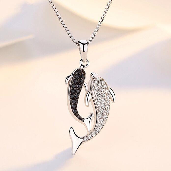 925 Sterling Silver Twin Dolphin Pendant Chain Necklace