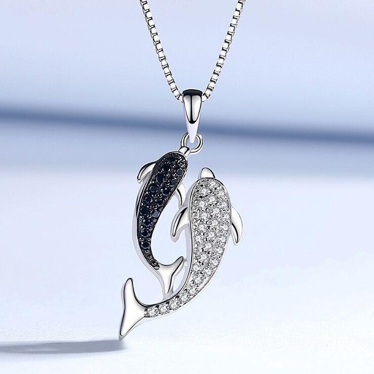 925 Sterling Silver Twin Dolphin Pendant Chain Necklace