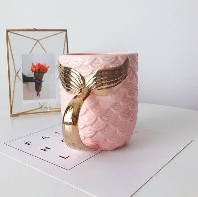 Ceramic Mermaid Coffee Mug with Gold Tail Handle Pink or Blue