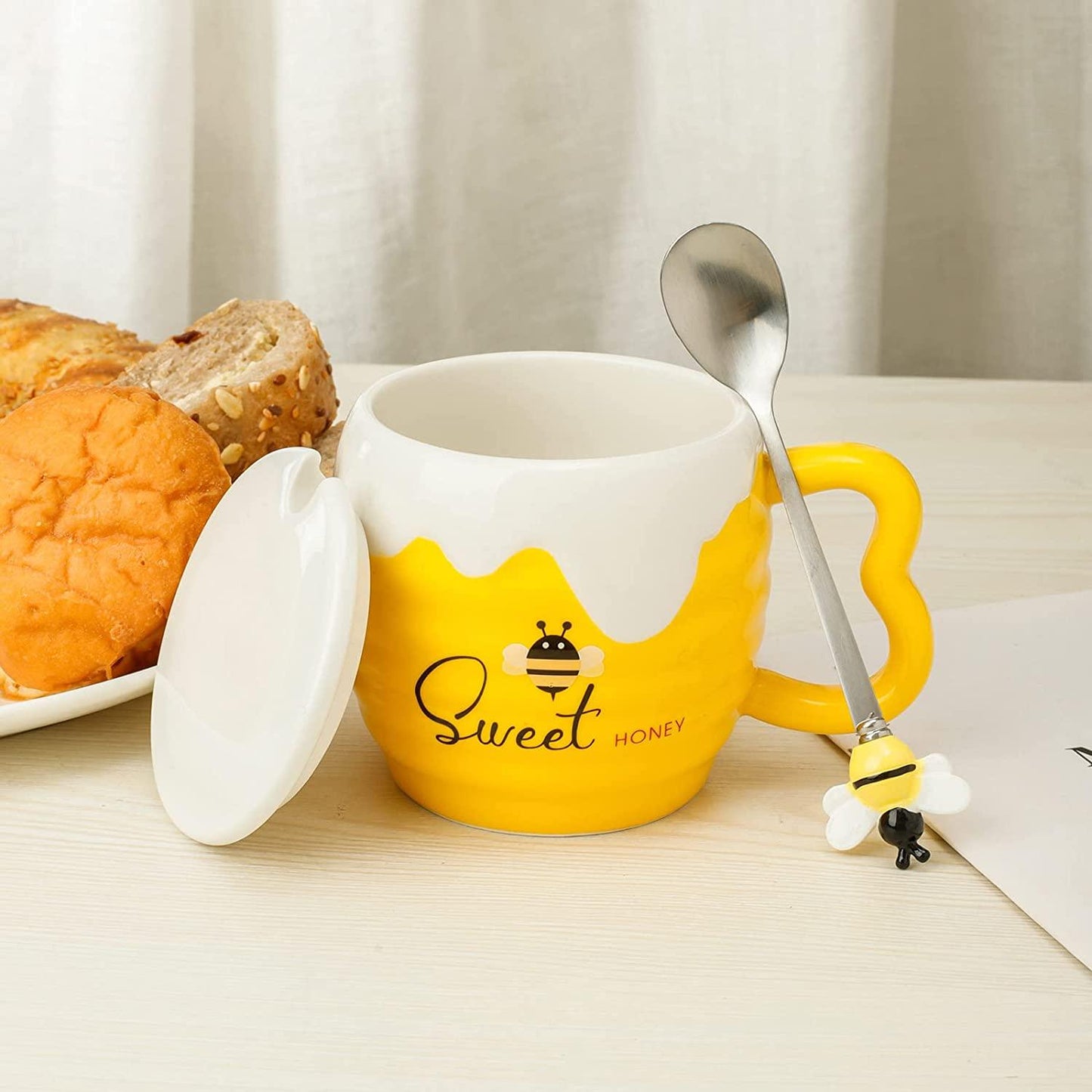 Cartoon Bee Ceramic Mug with Lid Honey Pot Design - 4 Colours