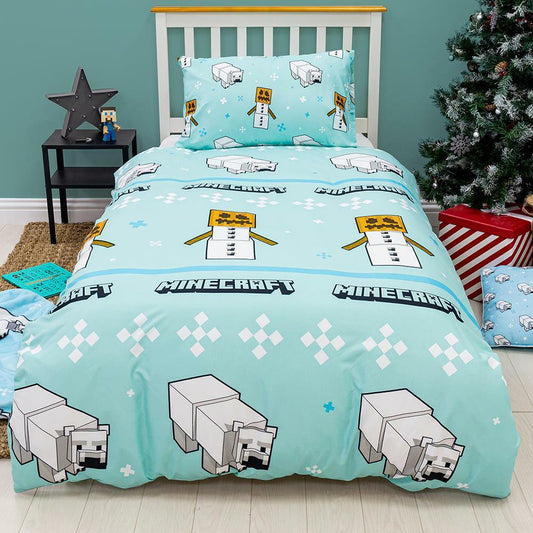Blue Minecraft Polar Bear Snowman Reversible Duvet Cover Bedding Set