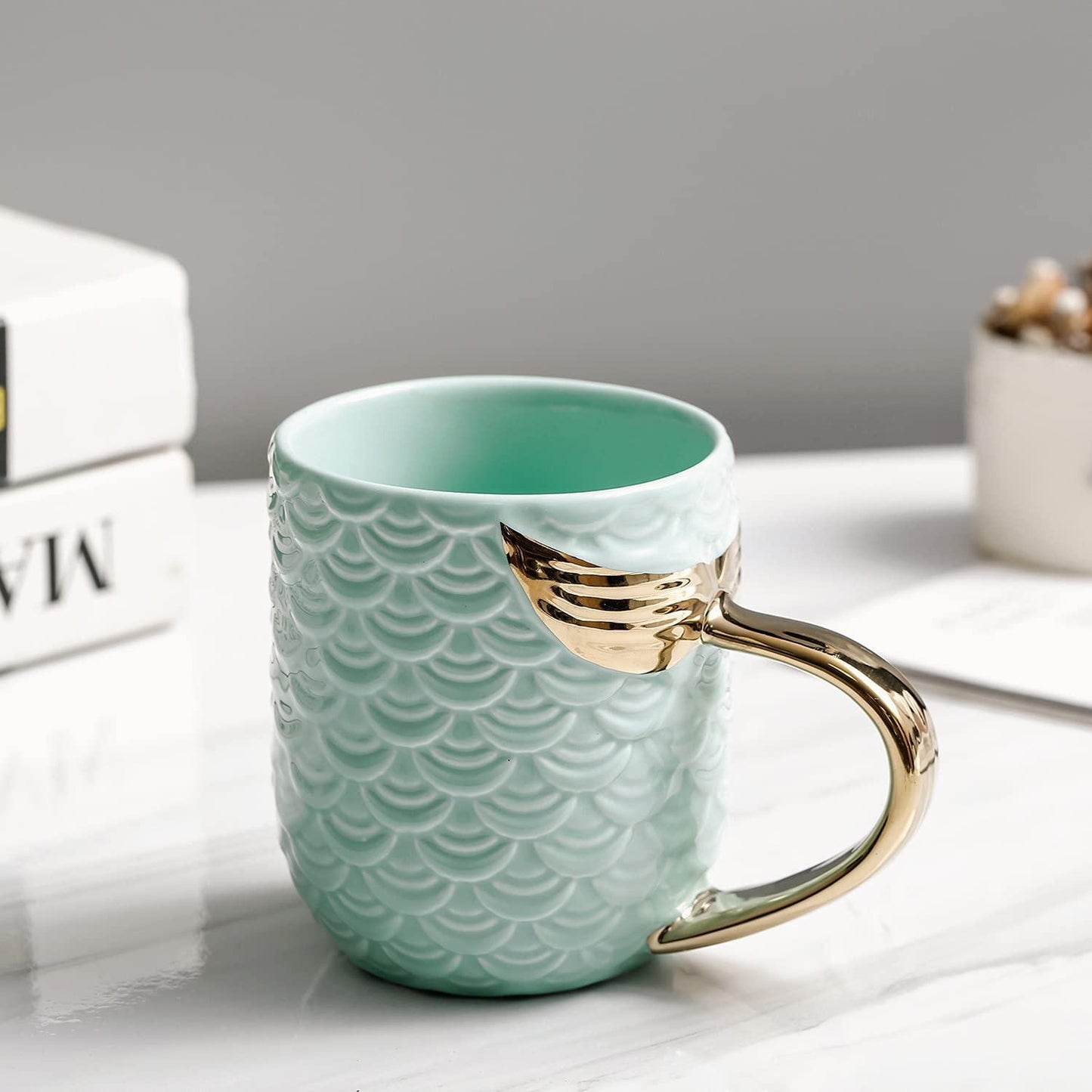 Ceramic Mermaid Coffee Mug with Gold Tail Handle Pink or Blue