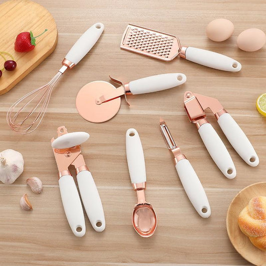 7pcs Kitchen Gadget Set Copper Coated Stainless Steel Utensils with Soft Touch Rose Gold