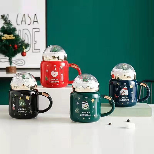 Merry Christmas Ceramic Cup Coffee Mug with Tree Snow Globe Lid