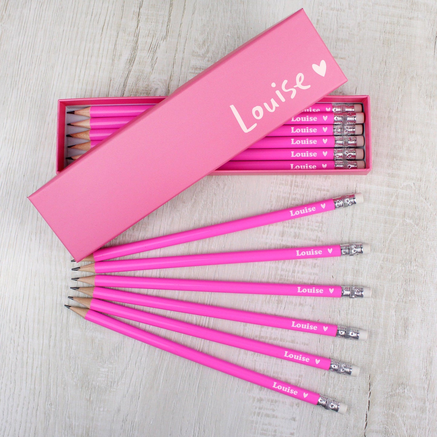 Personalised Name Heart Box and 12 Pink HB Pencils Stationary