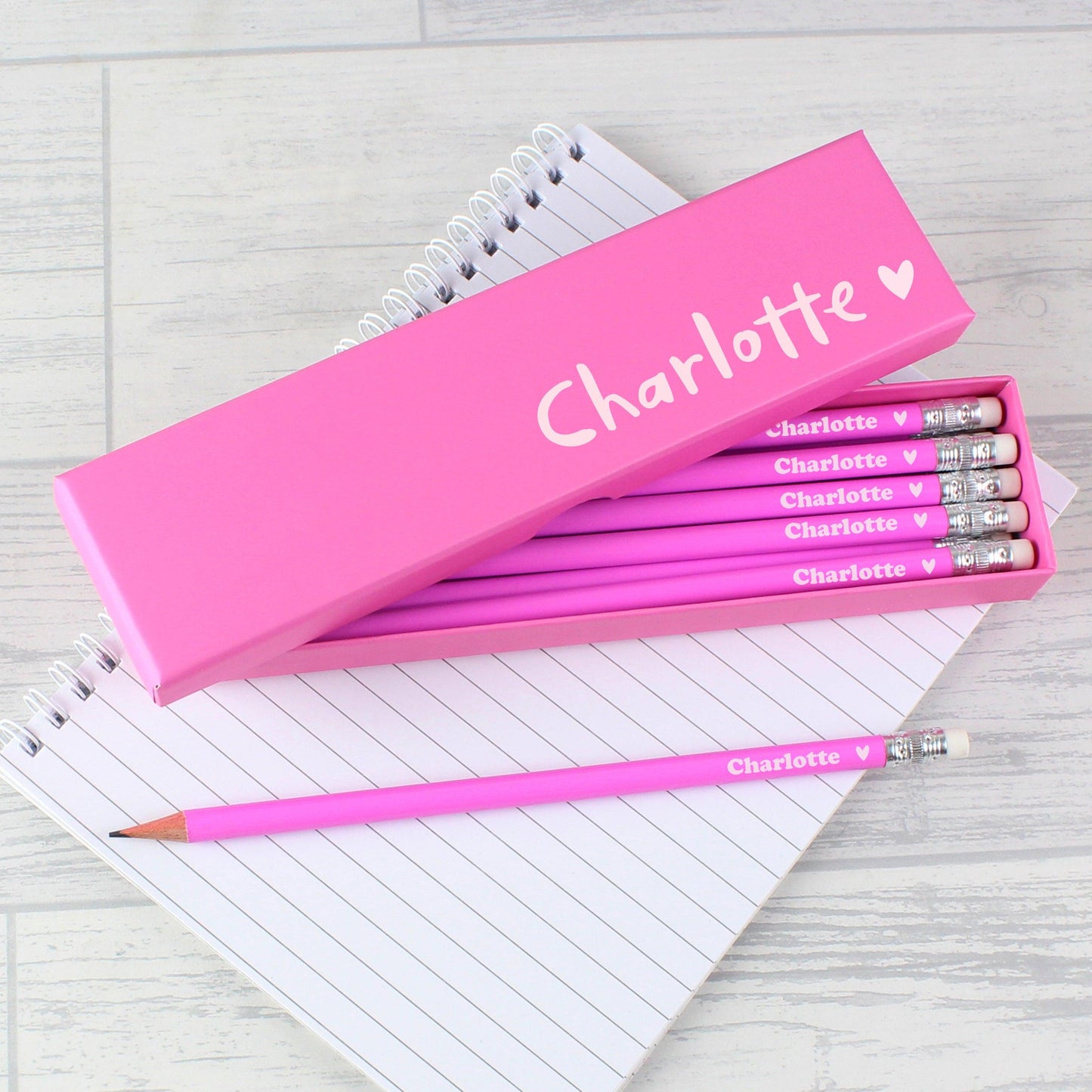 Personalised Name Heart Box and 12 Pink HB Pencils Stationary