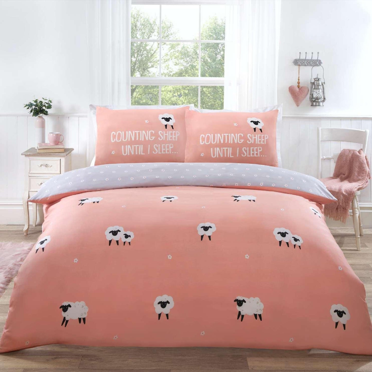 Pink Blush Counting Sheep Print Duvet Cover Bedding Set