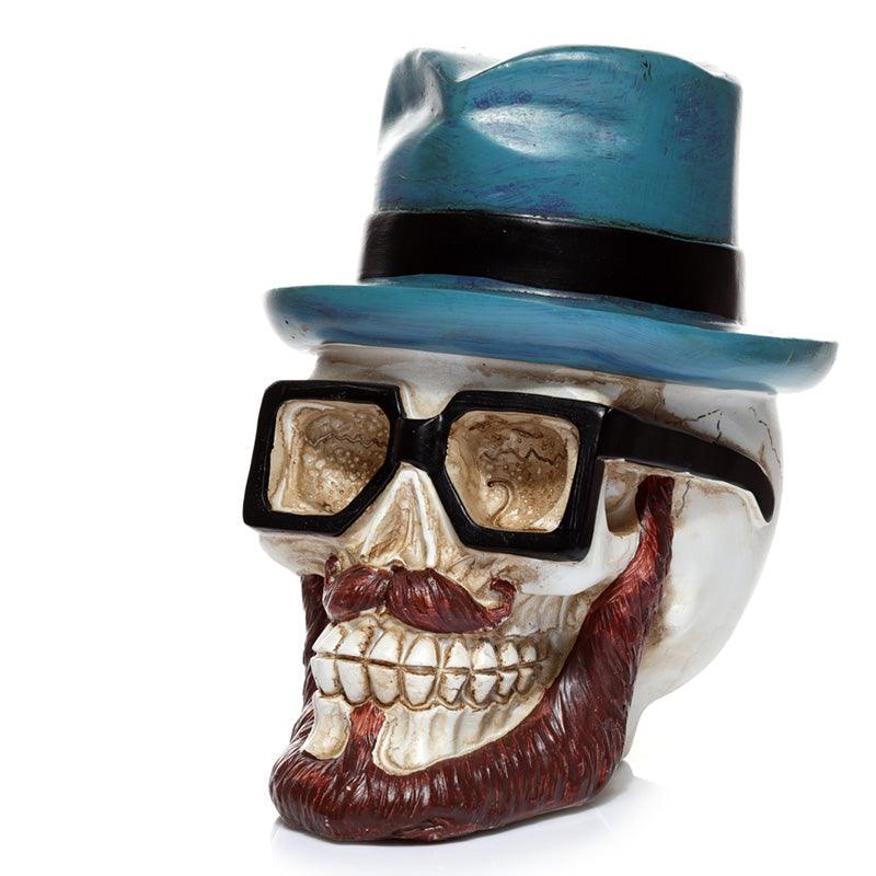 Quirky Skull in Glasses and Blue Trilby Hat Money Box