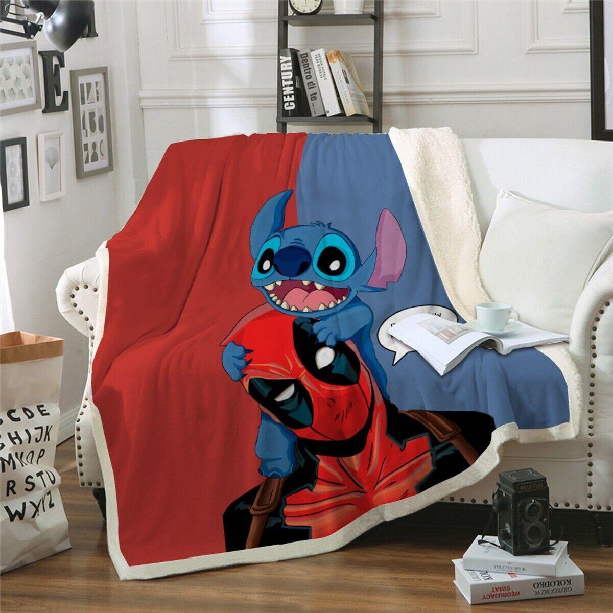 Warm Soft Fleece Blanket Throw - Blue Stitch Red Deadpool