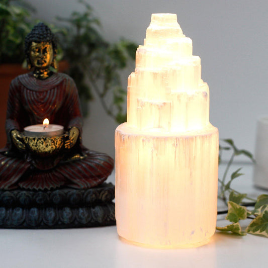 Selenite Tower Lamp 20cm Healing Crystal Chakra Meditation Spiritual - Home Inspired Gifts