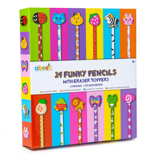 24 Funky Pencils with Fun Cute Novelty Eraser Toppers