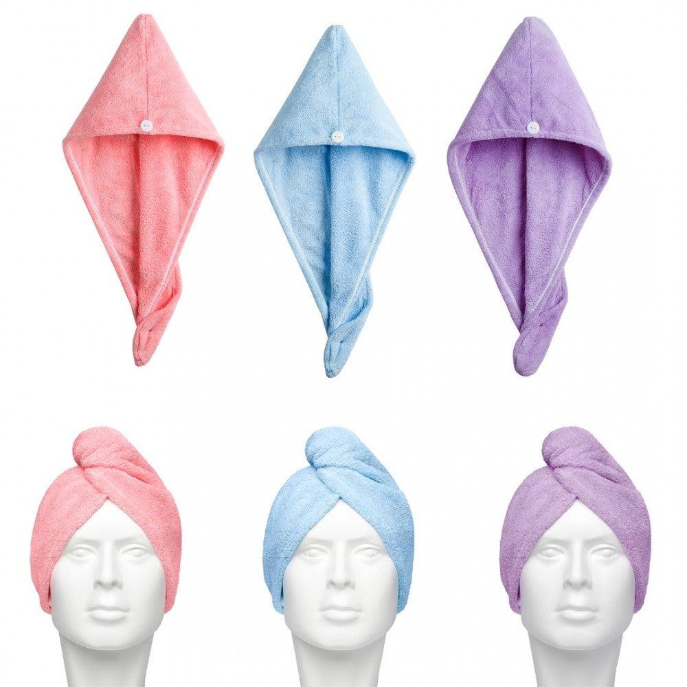 3 Pack Absorbent Microfibre Hair Turban Towel with Button Design