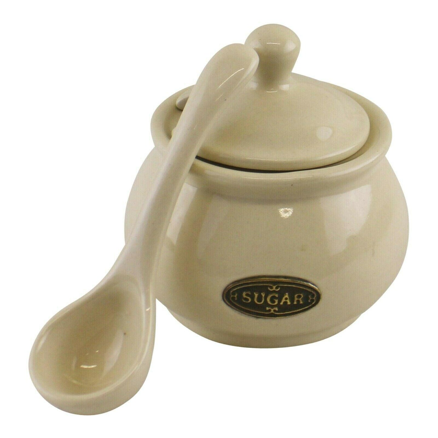 Country Cottage Cream Ceramic Sugar Bowl with Lid & Spoon