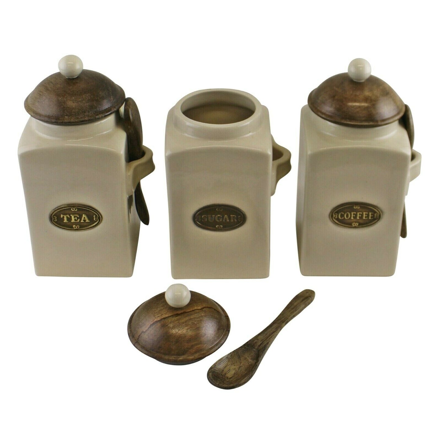 Large Tea, Coffee & Sugar Storage Canisters Set with Spoons Airtight Lids Open View