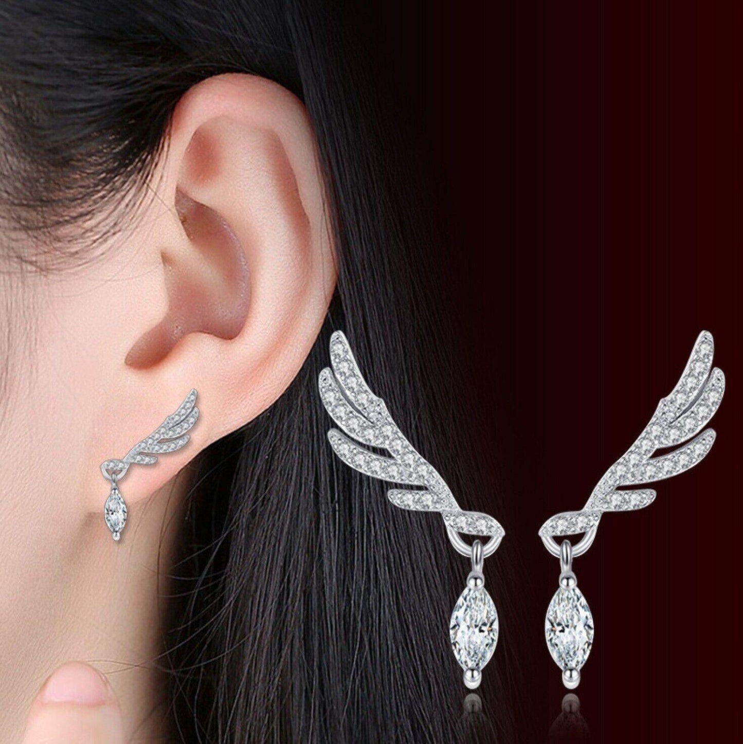 925 Sterling Silver Angel Wing Crystal Drop Stud Earrings Jewellery