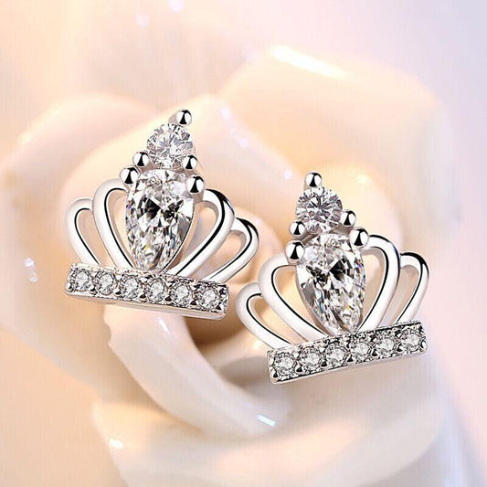925 Sterling Silver Crystal Crown Stud Earrings Jewellery