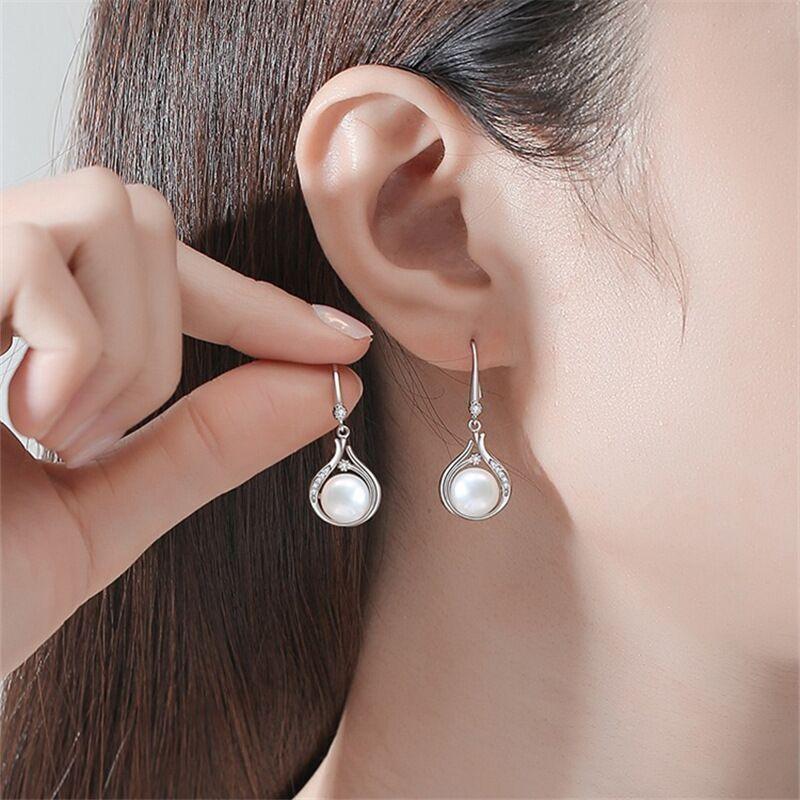 925 Sterling Silver Crystal Pearl Drop Pendant Chain Necklace Earrings