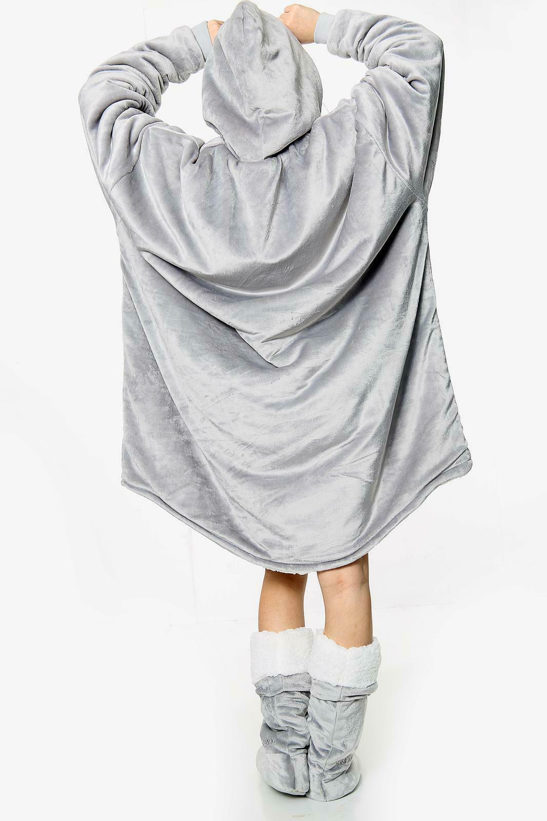 Adults Oversized Fleece Hoodie Blanket Hooded Sweatshirt - Silver Grey
