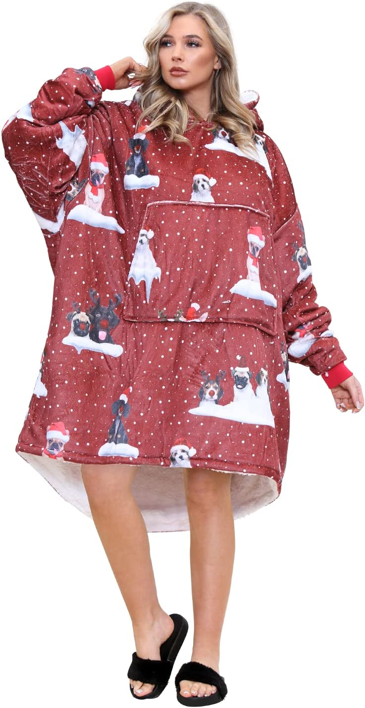 Adults Kids Plush Oversized Fleece Hoodie Blanket - Red Naughty Christmas Dogs