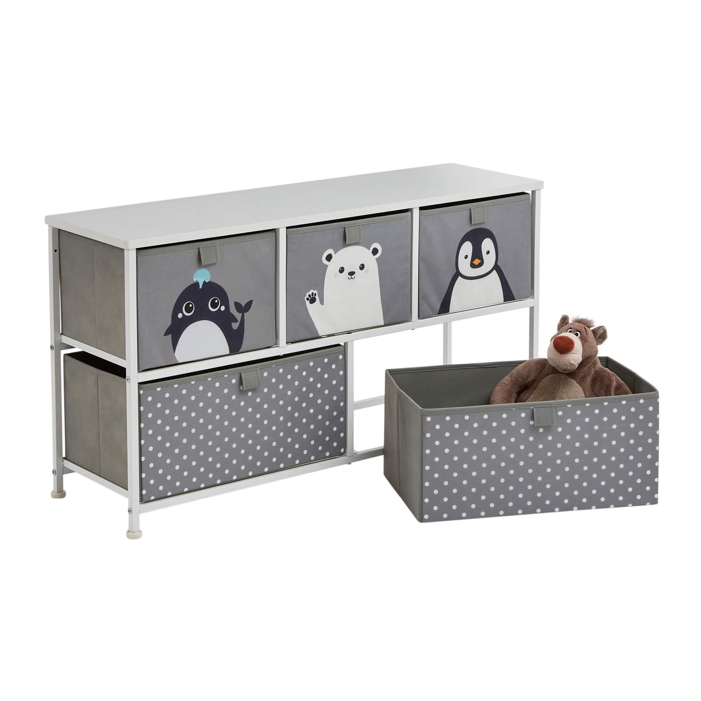 Arctic Animals 5 Drawer Kids Storage Chest Bench Seat - Grey White