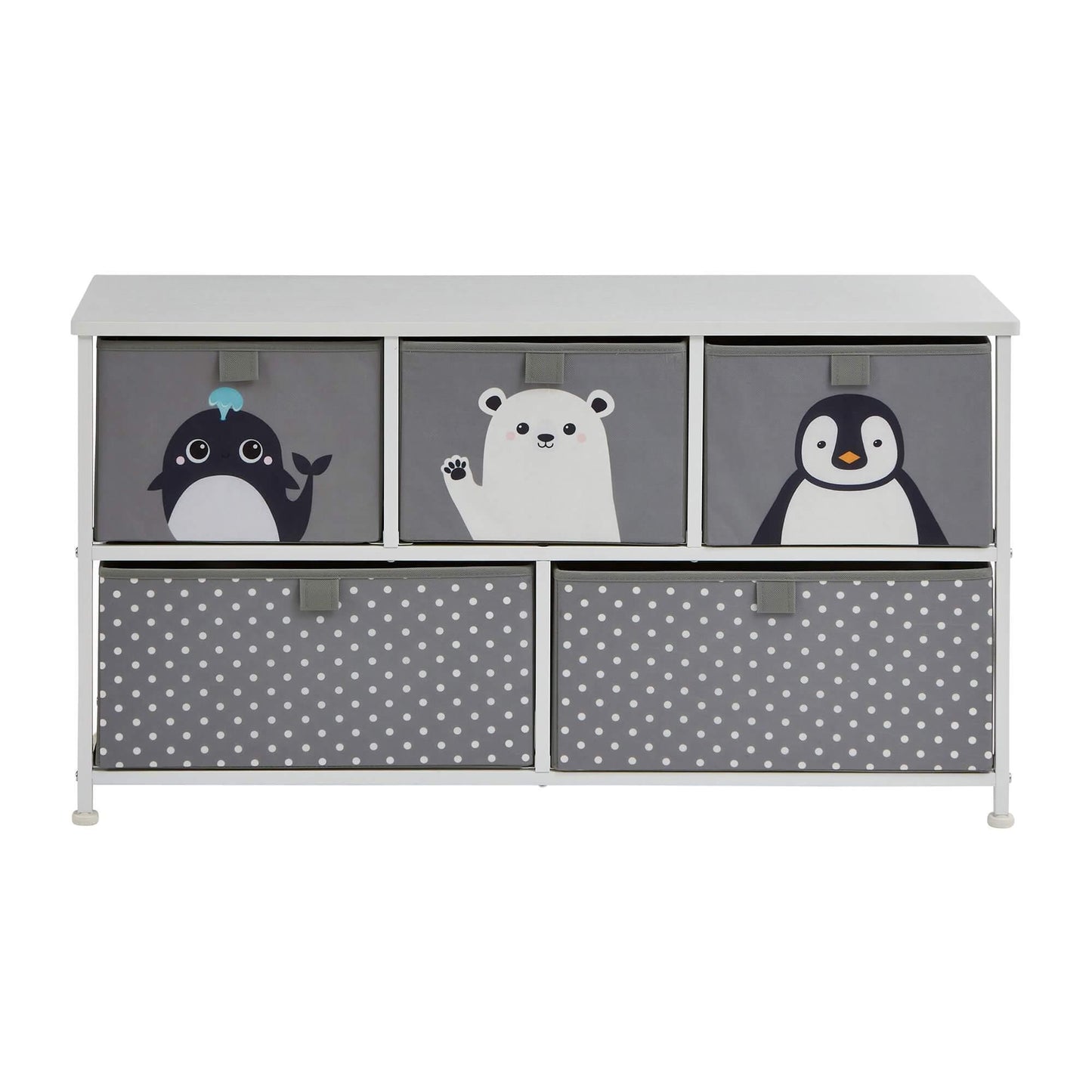 Arctic Animals 5 Drawer Kids Storage Chest Bench Seat - Grey White