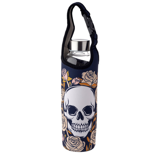 Reusable 500ml Glass Water Bottle with Neoprene Sleeve - Skulls & Roses