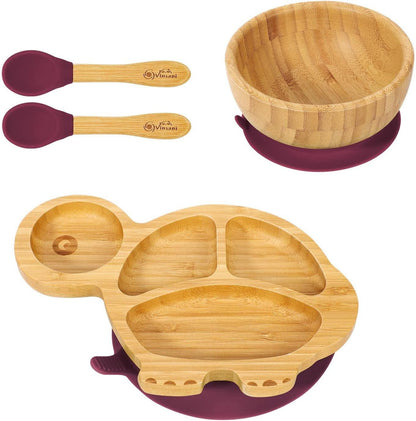 Bamboo Turtle Plate Bowl Spoon Set Stay-Put Suction Design - 6 Colours
