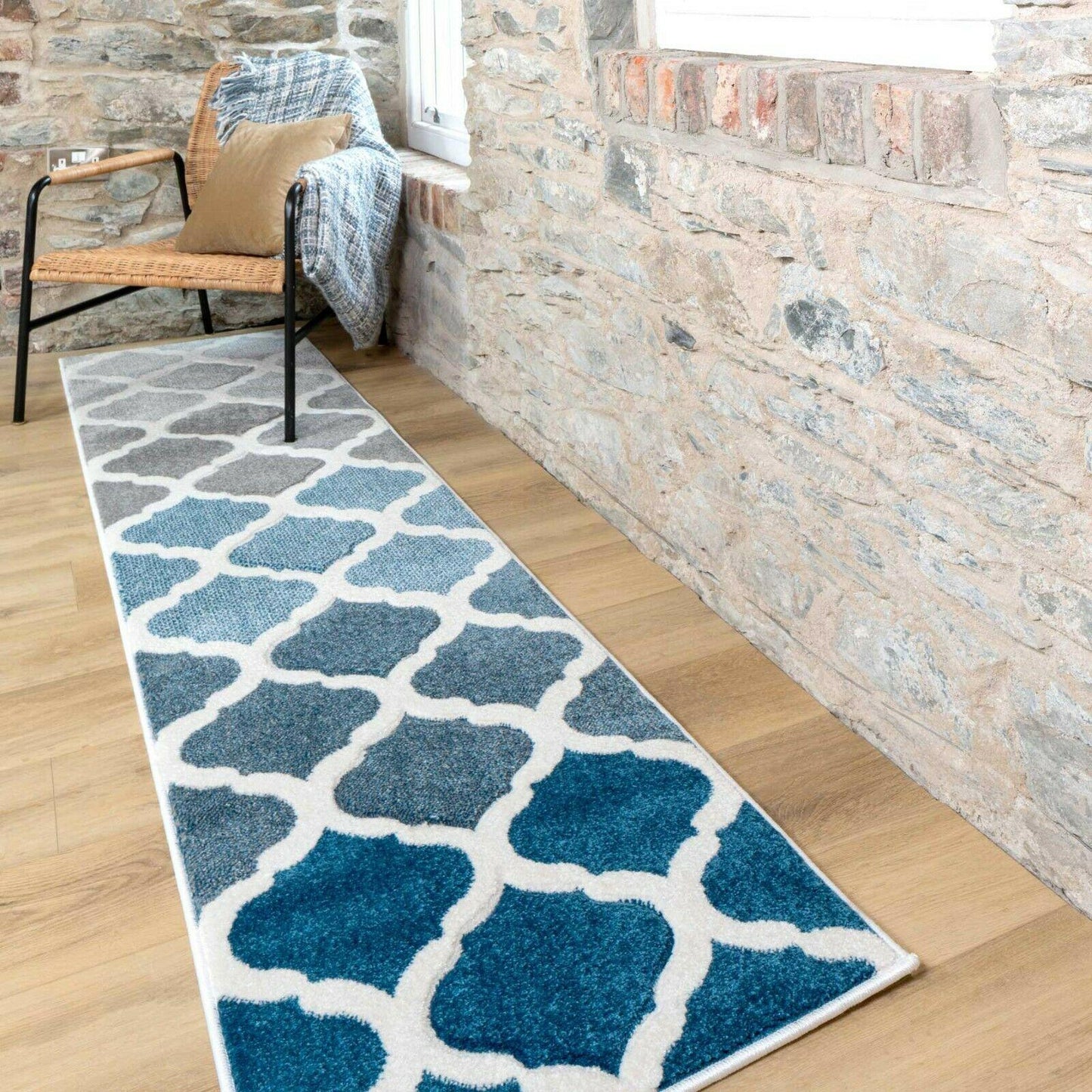 Blue Grey Trellis 3D Hallway Runner Area Rug Floor Mat