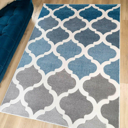 Blue Grey Trellis 3D Hallway Runner Area Rug Floor Mat