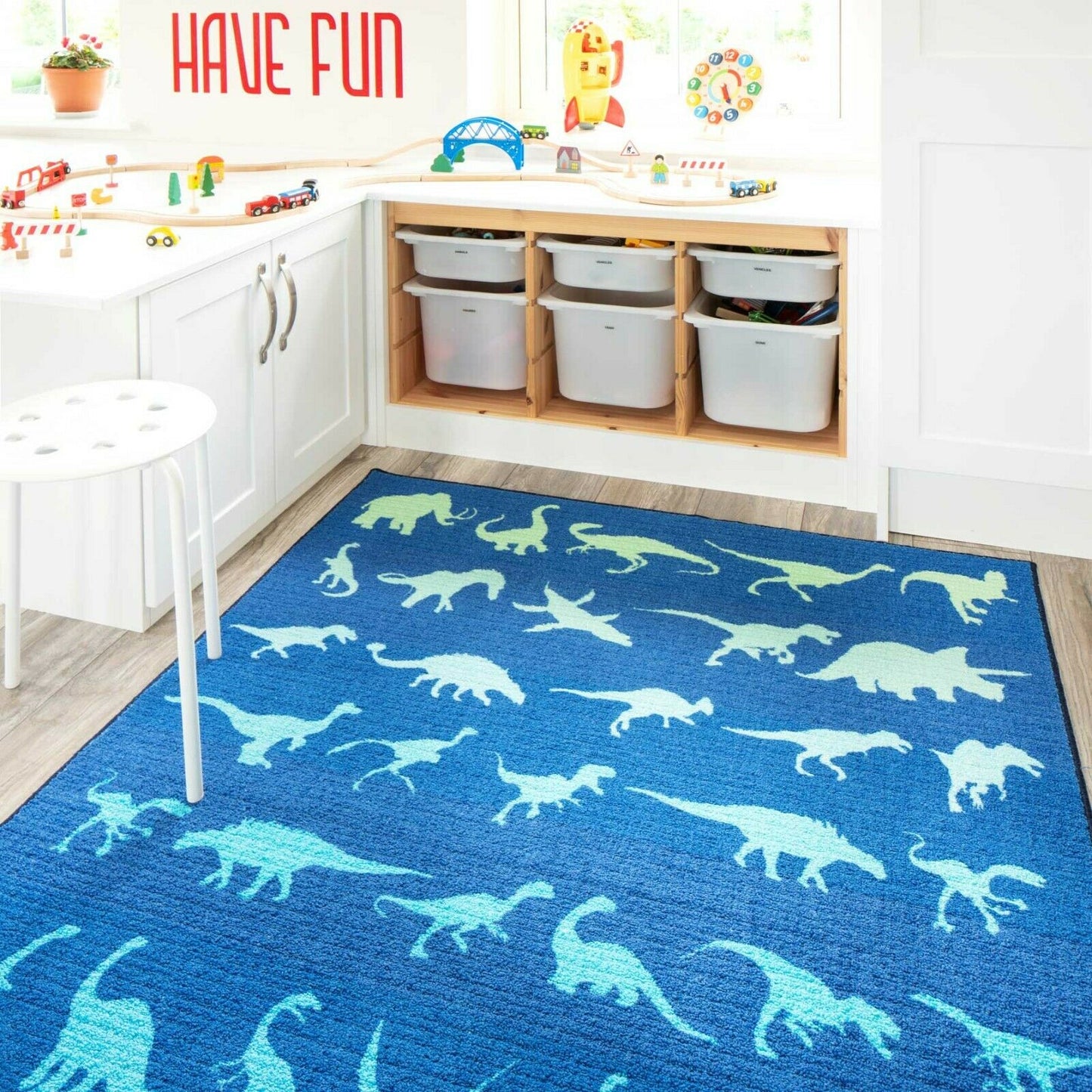 Blue Ombre Dinosaur Playmat Kids Non Slip Rug Mat Washable
