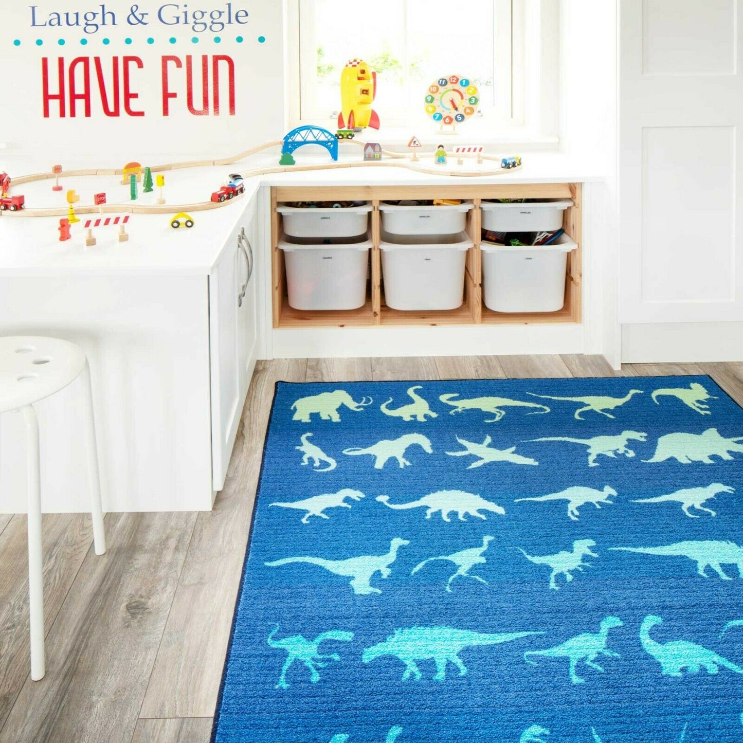 Blue Ombre Dinosaur Playmat Kids Non Slip Rug Mat Washable