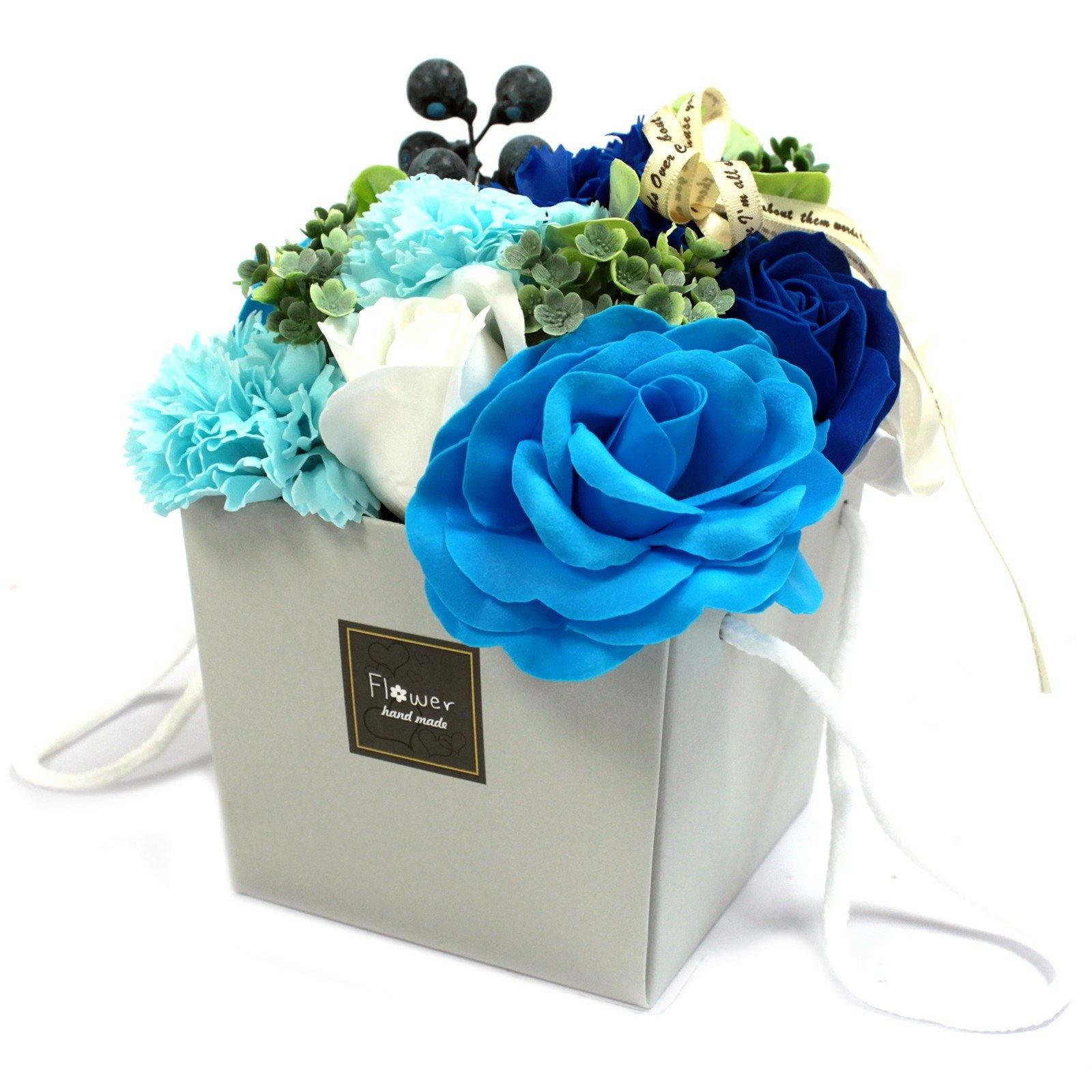 Blue Wedding Soap Flower Bouquet in Rope Handle Box - Home Inspired Gifts