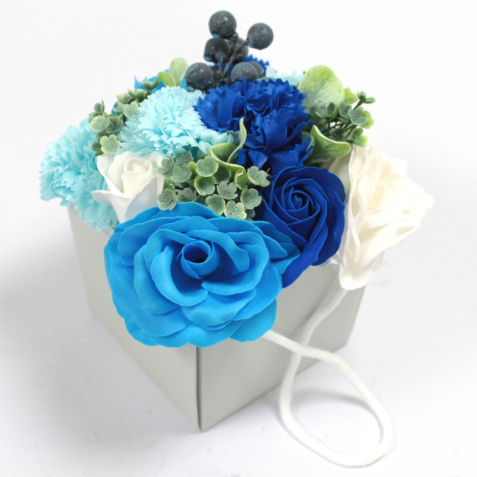 Blue Wedding Soap Flower Bouquet in Rope Handle Box - Home Inspired Gifts