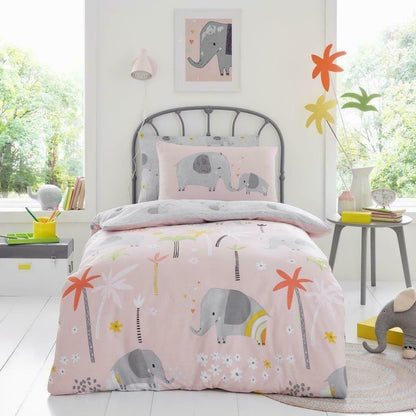 Blush Pink Elephant Polycotton Kids Duvet Cover Bedding Set