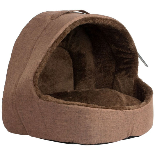 Brown Soft Fleece Cat Dog Pets Igloo Bed with Handle - Warm Snug Cave