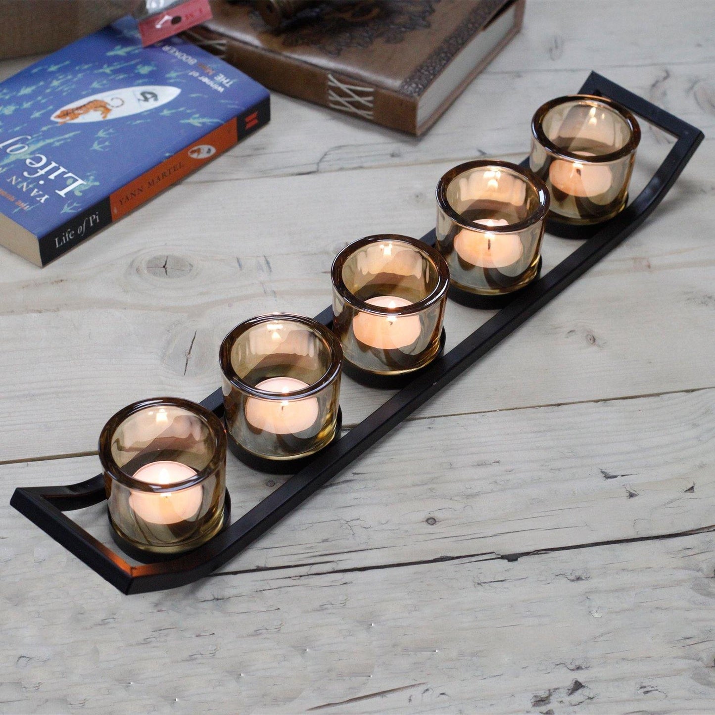 Black Centrepiece 5 Cup Ledge Iron Votive Tea Light Candle Holder - Kporium Home & Garden