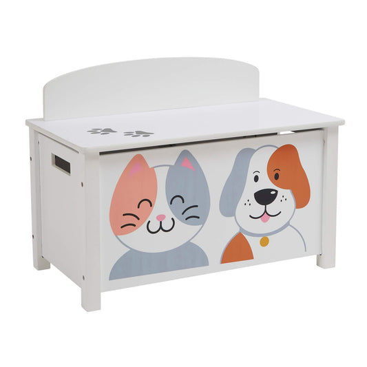 Cat and Dog White Wooden Toy Box with Lid Playroom Storage Bench