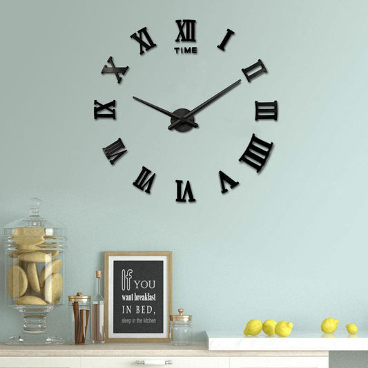 DIY 3D Large Wall Clock Roman Numerals Sticker Art Clock - Black