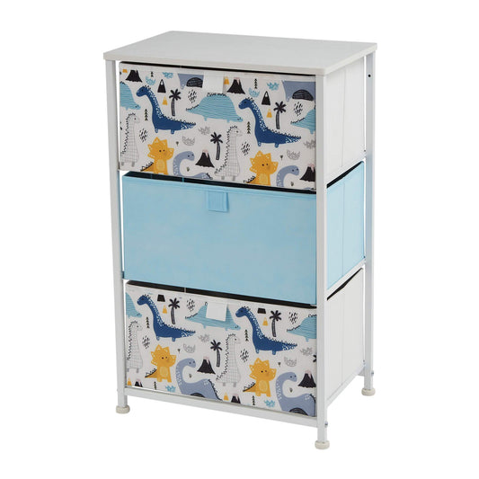 Dinosaur 3 Drawer Kids Storage Unit Bedside Table - Blue White