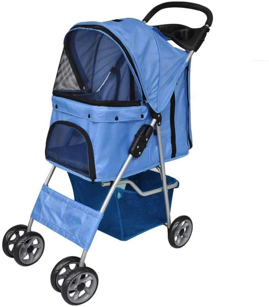 Folding Pet Pushchair Pram Dog Cat Travel Carrier Lightweight - Blue
