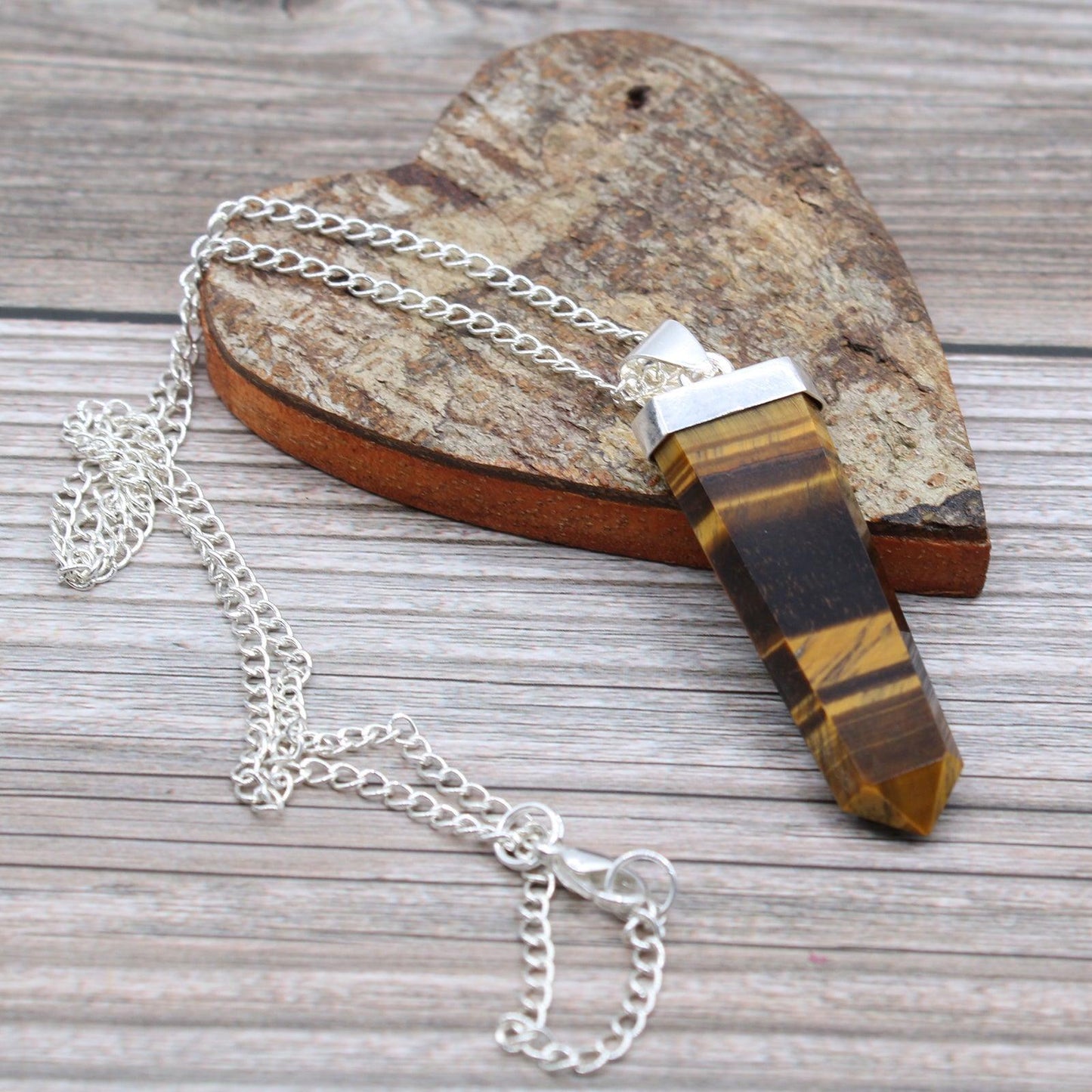 Gemstone Flat Pencil Pendant Necklace - Tigers Eye - Free Pouch