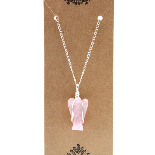 Gemstone Guardian Angel Pendant Necklace - Rose Quartz - Free Pouch