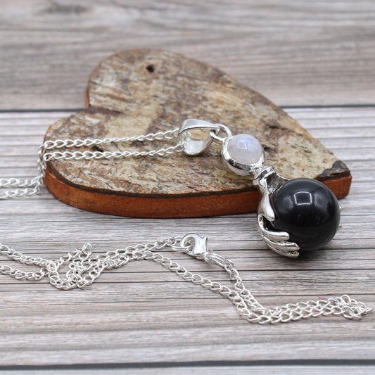 Gemstone Healing Hands Pendant Necklace - Black Agate - Free Pouch