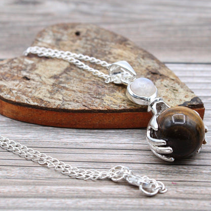 Gemstone Healing Hands Pendant Necklace - Tigers Eye - Free Pouch