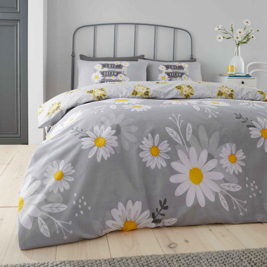 Grey Daisy Flower Floral Print Duvet Cover Reversible Bedding Set