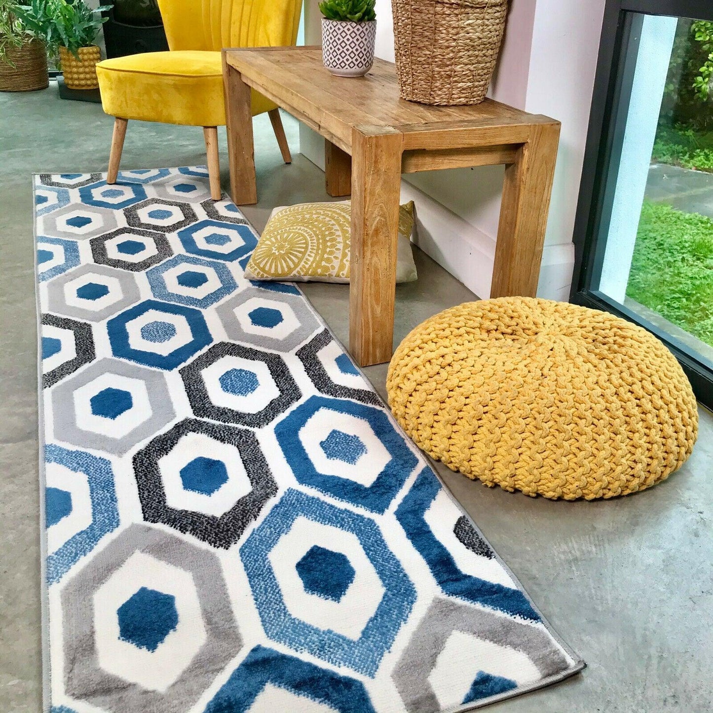 Honeycomb Geometric Tile Floor Area Rug Runner - Blue Grey