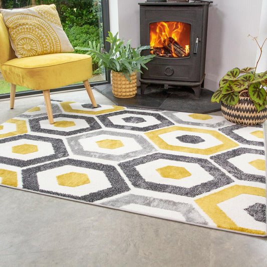 Honeycomb Geometric Tile Floor Area Rug Runner - Ochre Grey