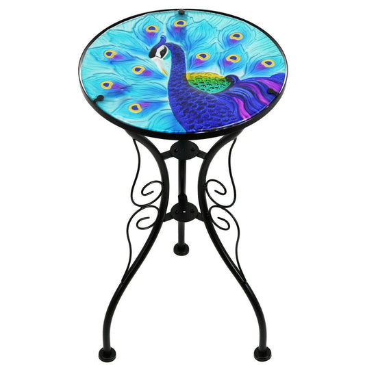 Iron Glass Round Side Coffee Patio Garden Table Plant Stand - Blue Peacock
